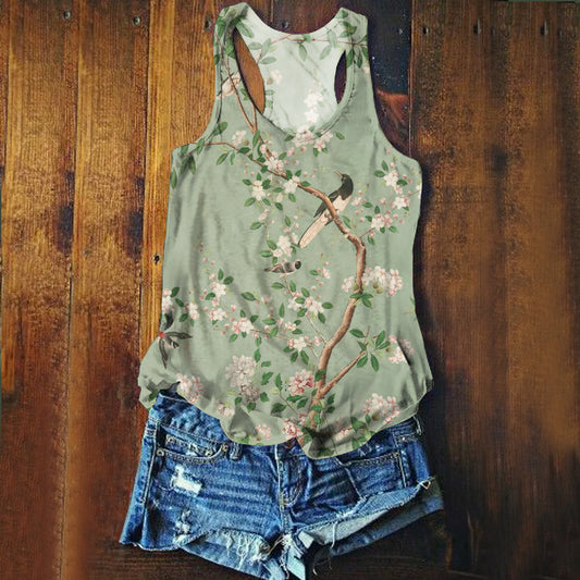 Women's Vintage Floral Bird Art Print Tank Top