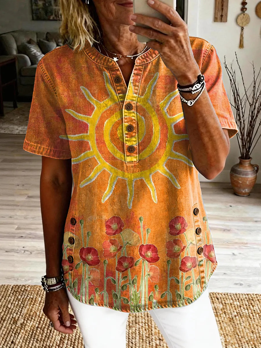 Women's Casual Short-sleeve Washed Shirt With Floral Print