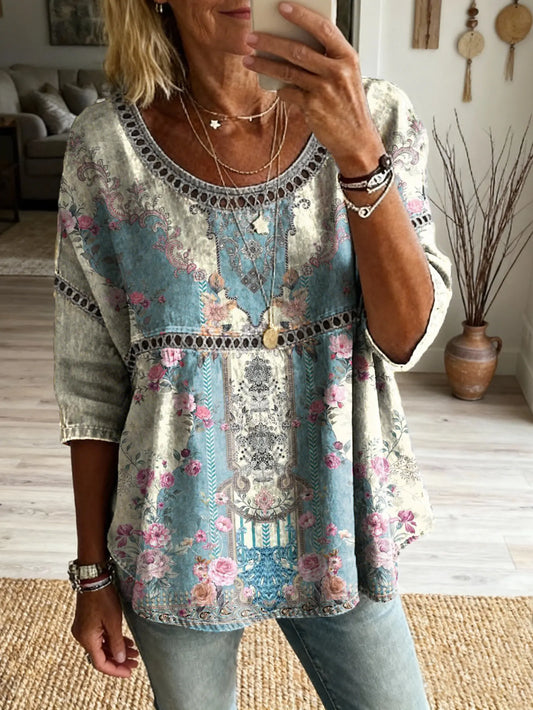 Women's Floral Pattern Art Print Casual Round Neck Lace-up Top