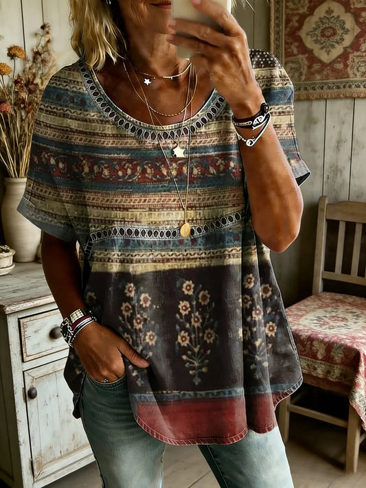 Women's Ethnic Floral Art Print Round Neck Short Sleeve Hollow-Out Shirt