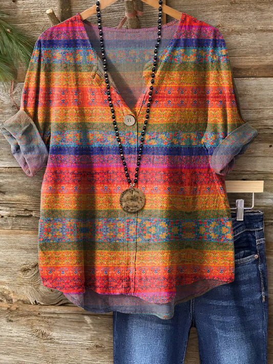 Women's Vintage Floral Art Print Casual Cotton Linen Shirt