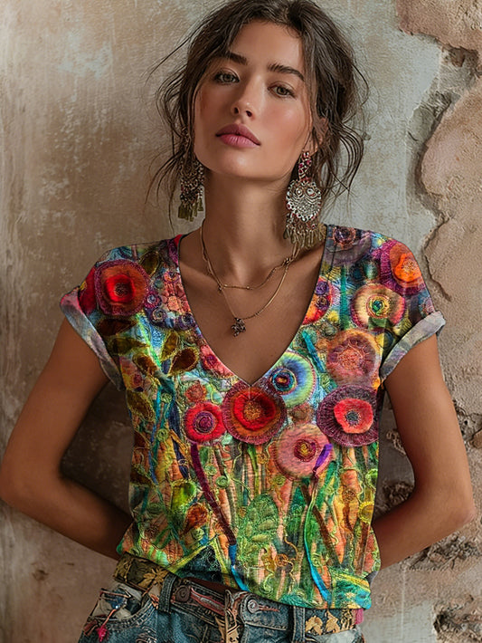 Women's Retro Colorful Floral Art Print Casual Short-Sleeve V-Neck Cotton T-Shirt