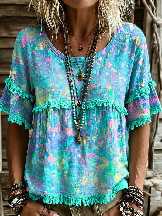 Women's Vintage Colorful Pattern Art Print Crew Neck T-Shirt