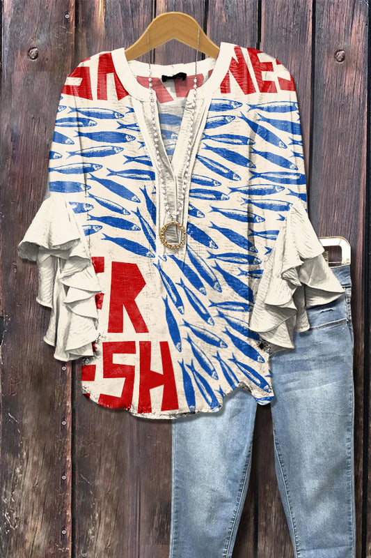 Elegant Sardines Print Ruffle Sleeve Top