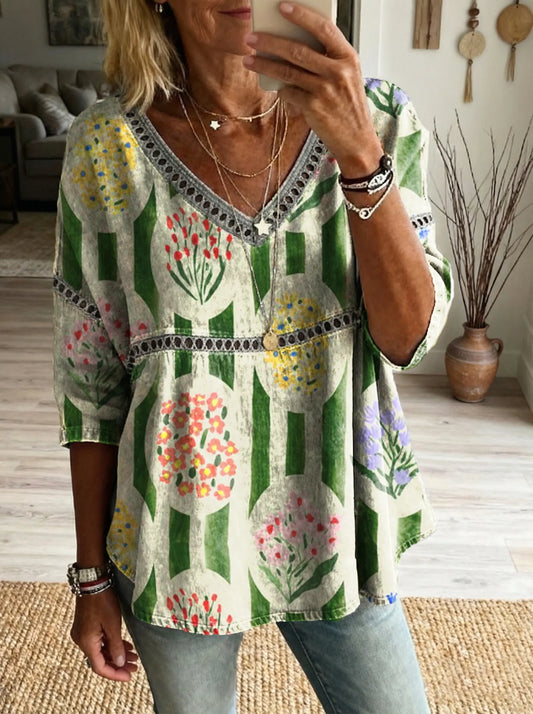 Women's Floral Art Print Casual Hollow-Out Top