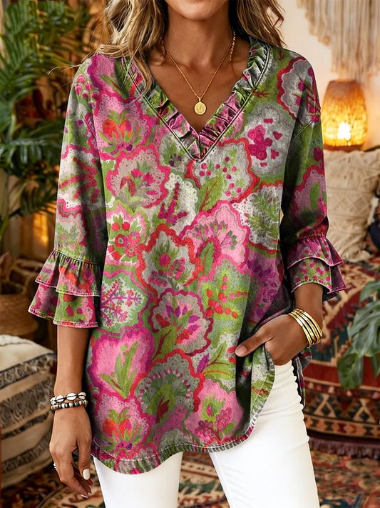 Women's Floral Art Print Ruffled V-Neck Top