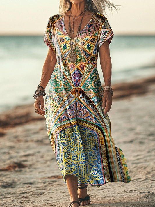 Women's Vintage Ethnic Floral Art Print Pocket Cotton Dress