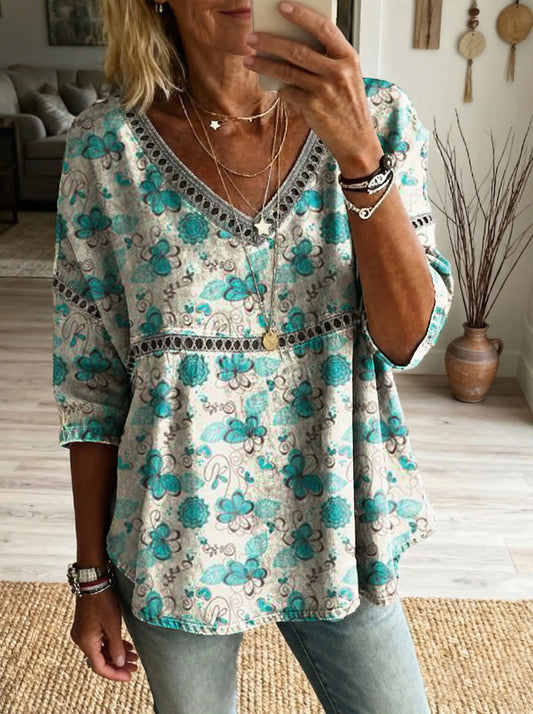Women's Floral Pattern Art Print Casual V-neck Lace-up Top