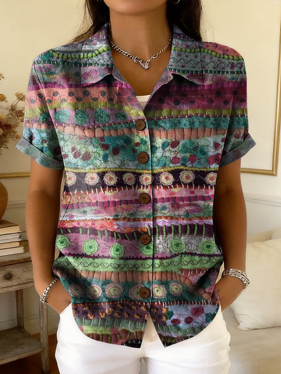 Women's Retro Colorful Floral Striped Art Print Casual Short-sleeve Cardigan Shirt