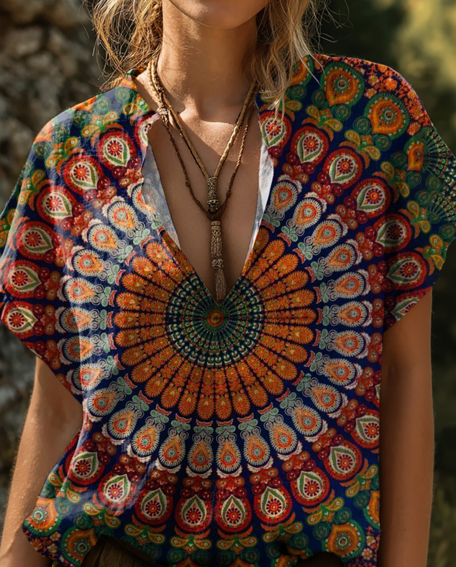 Women's Bohemian Totem Tattoo Pattern Art Print Casual Cotton Short Sleeve V-neck Shirt