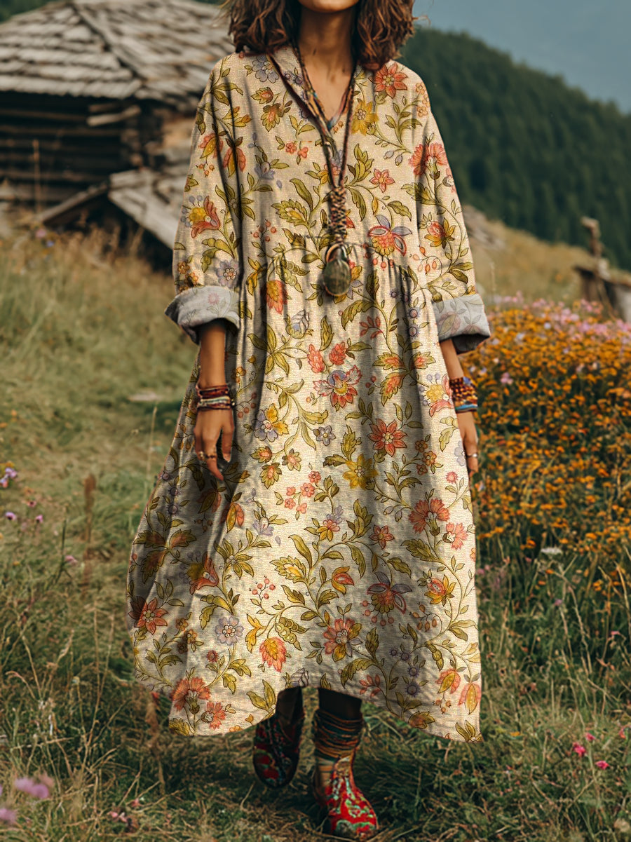 Women's Retro Floral Art Print Casual Long-Sleeve V-Neck Cotton Linen Dress
