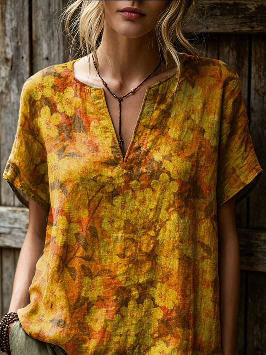 Women's Retro Ethnic Floral Art Print Casual Short-sleeve V-neck Cotton Linen Shirt