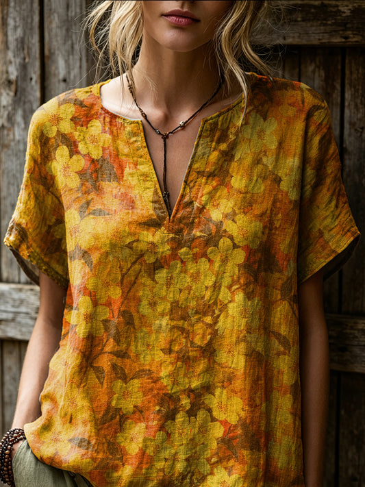 Women's Retro Ethnic Floral Art Print Casual Short-sleeve V-neck Cotton Linen Shirt
