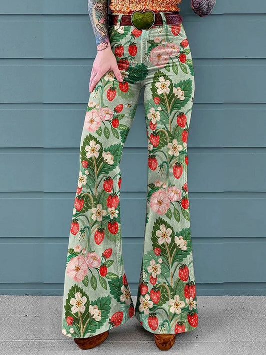 Women's Retro Floral Print Mid-Rise Button-Hem Bootcut Pants (Without Belt)