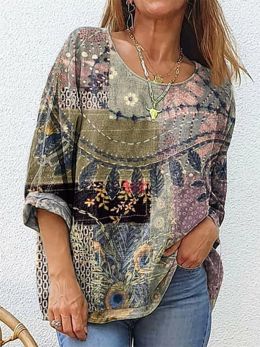 Women's Ethnic Patchwork Art Print Casual Crew Neck Cotton And Linen Shirt