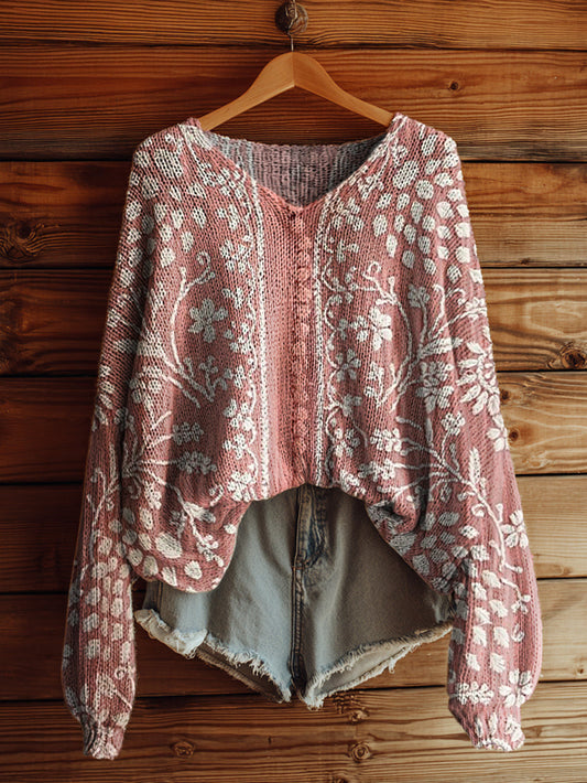 Women's Vintage Ethnic Floral Art Print Casual Pullover Sweater