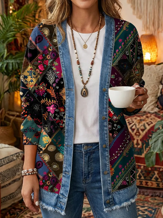 Women's Vintage Bohemian Style Floral Print Casual Long-sleeved Denim Patchwork Jacket