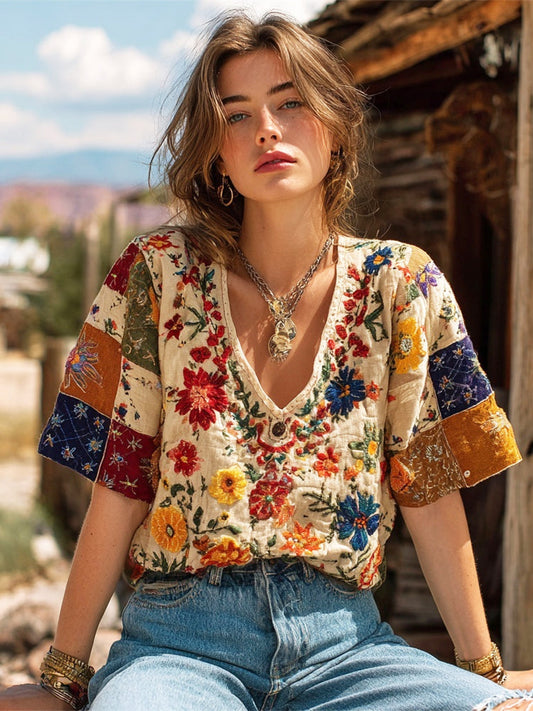 Western Vintage Boho Floral Patchwork Embroidered Women's Linen V-neck T-shirt