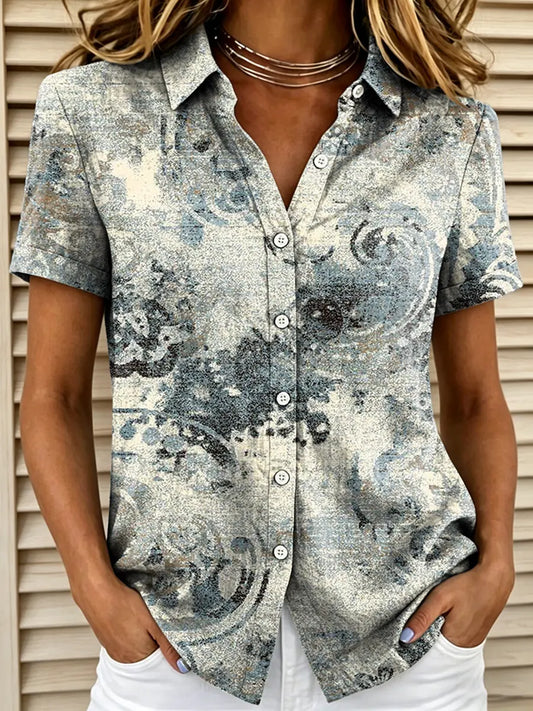 Women's Vintage Paisley Print Collared Short Sleeve Button-Down Blouse