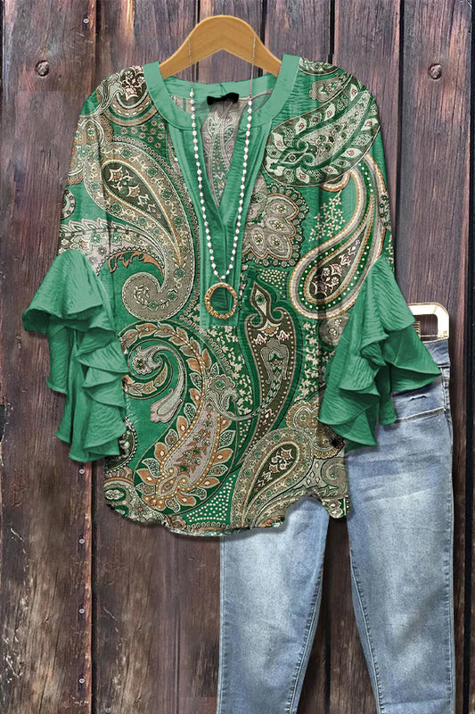 Elegant Paisley Print Ruffle Sleeve Top