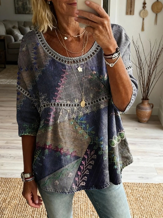 Women's Floral Patchwork Art Print Casual Crew Neck Tie-front Top