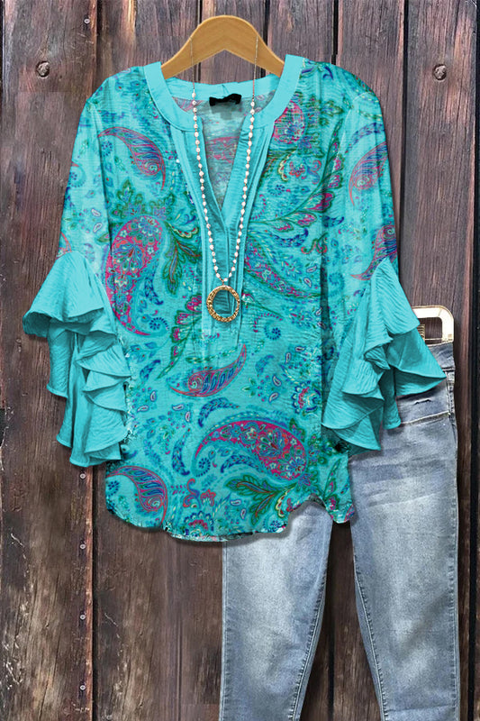 Elegant Vintage Paisley Print Ruffle Sleeve Top