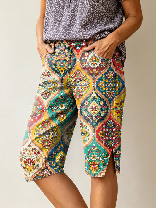Women's Retro Ethnic Floral Pattern Art Print Casual Five-point Jeans With Pockets