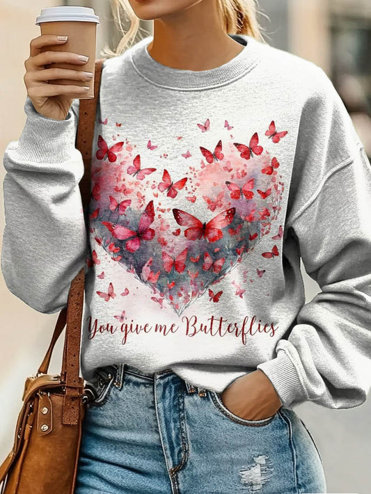 Valentine's Day Watercolor Heart Butterfly Print Casual Crew Neck Sweatshirt