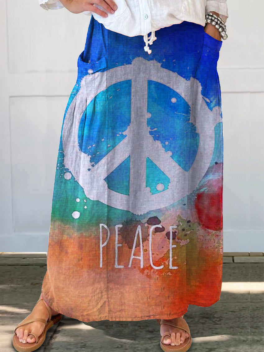 Women's Colorful Peace Sign Print Linen Pocket Skirt