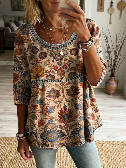Ethnicity Retro Totem Flowers Women's Art Print Casual Round Neck Cutout Top