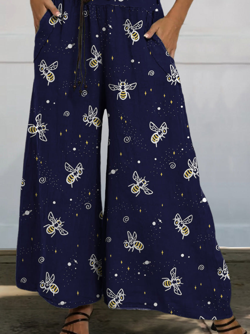 Bumblebee Repeat Pattern Printed Women's Cotton And Linen Casual Wide-Leg Pants