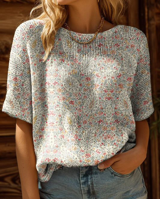 Women's Retro Paisley Floral Art Print Casual Crew Neck Short Sleeve Knitted Sweater