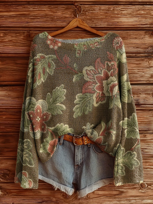 Women's Vintage Floral Art Pattern Print Casual Pullover Sweater