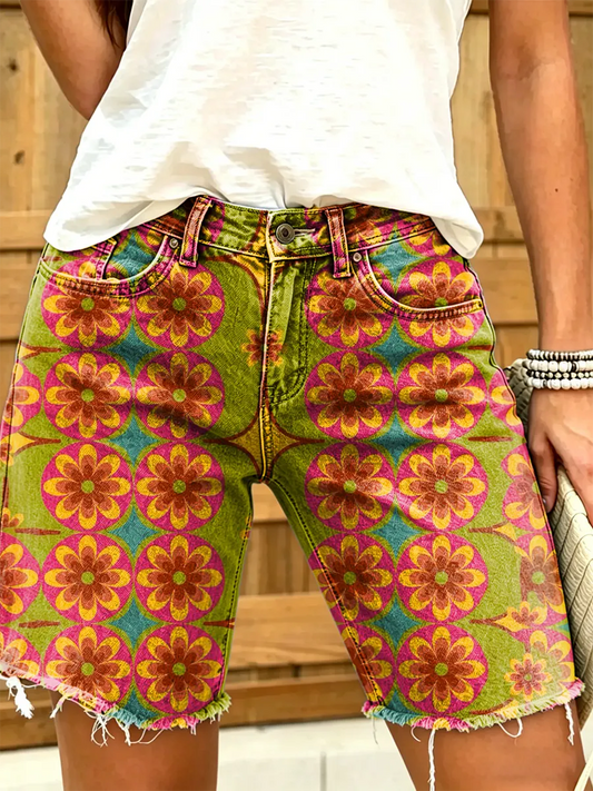 Women's Vintage Ethnic Floral Art Print Casual Washed Cotton Shorts