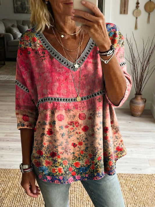 Women'sFloral Art Print Casual V-neck Tie-front Top