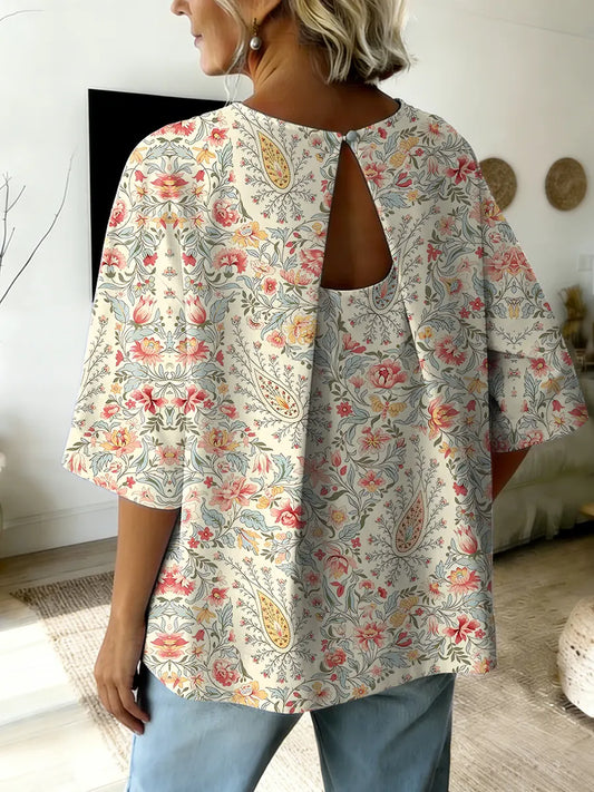 Ethnicity Paisley Flowers Women's Art Print Round Collar Shirt Top