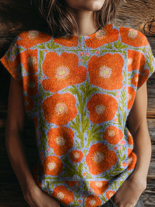 Women's Floral Tattoo Pattern Art Print Casual Crew Neck Short Sleeve Knit Sweater