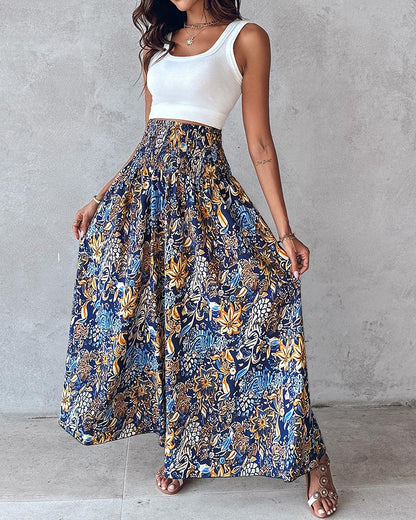 Tribal Print Shirred Wide Leg Pants