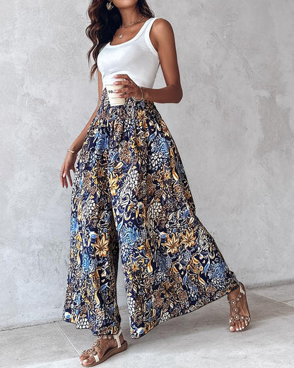 Tribal Print Shirred Wide Leg Pants