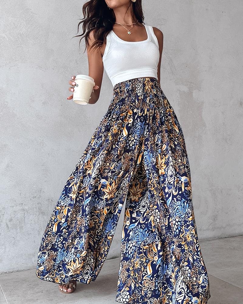 Tribal Print Shirred Wide Leg Pants