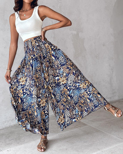 Tribal Print Shirred Wide Leg Pants