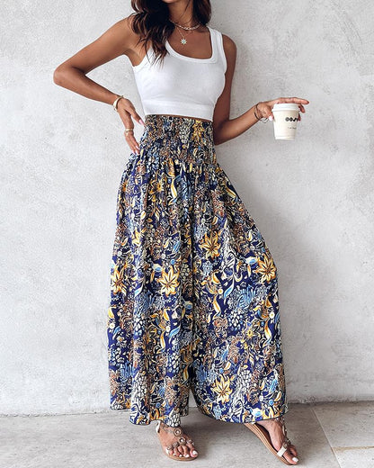 Tribal Print Shirred Wide Leg Pants