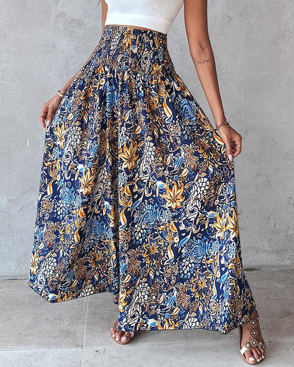 Tribal Print Shirred Wide Leg Pants