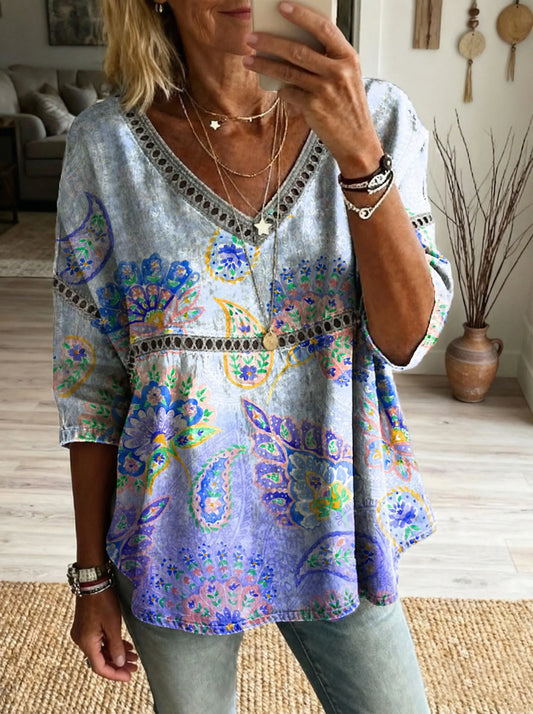 Women'sfloral Art Print Casual V-neck Tie-front Top