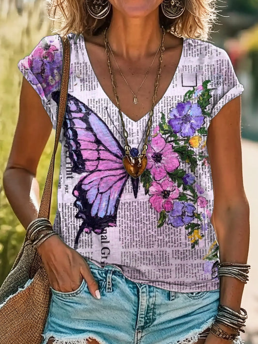 Women's Butterfly Art Print V-Neck Cotton T-Shirt