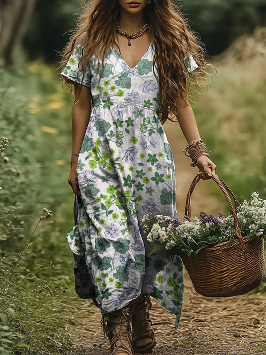 Women's Vintage Floral Art Print Pocket Cotton Dress