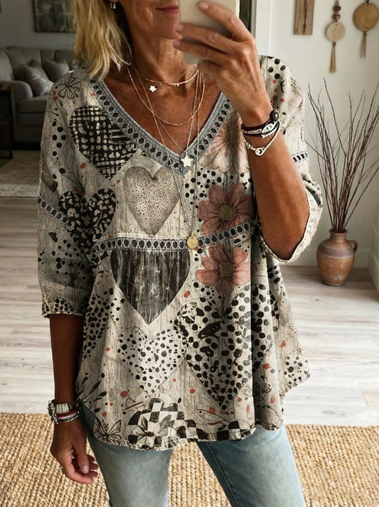 Women's Vintage Heart Floral Pattern Art Print Shirt