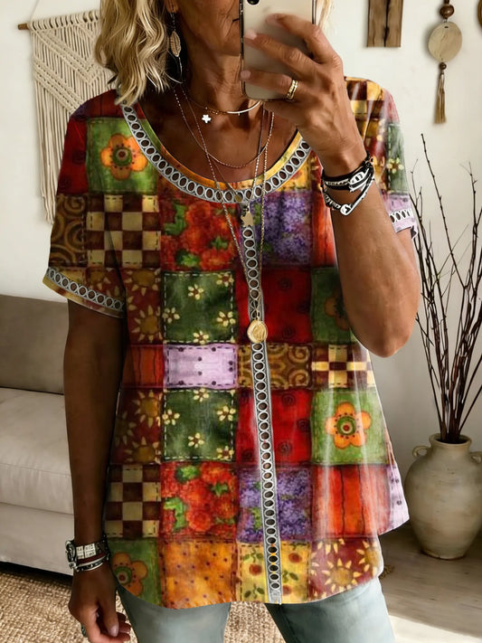 Women's Bohemian Colorful Geometric Patchwork Art Print Casual Short-Sleeve Top with Cutout Details