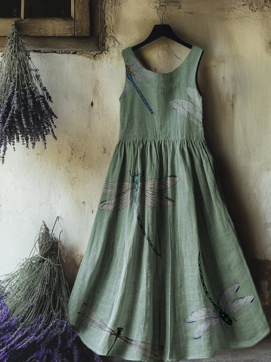 Women's Dragonfly Art Print Round Neck Sleeveless Cotton Pocket Dress