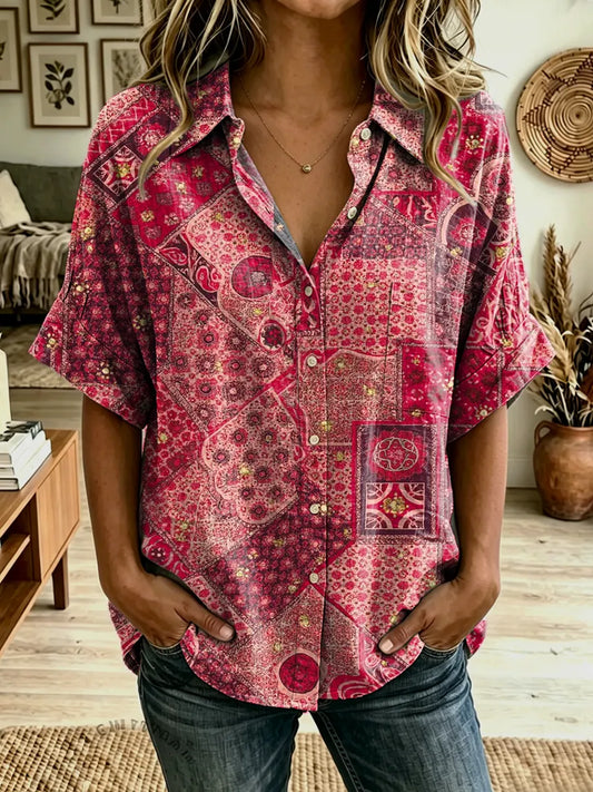 Women's Ethnic Art Print Cotton Pocket Shirt